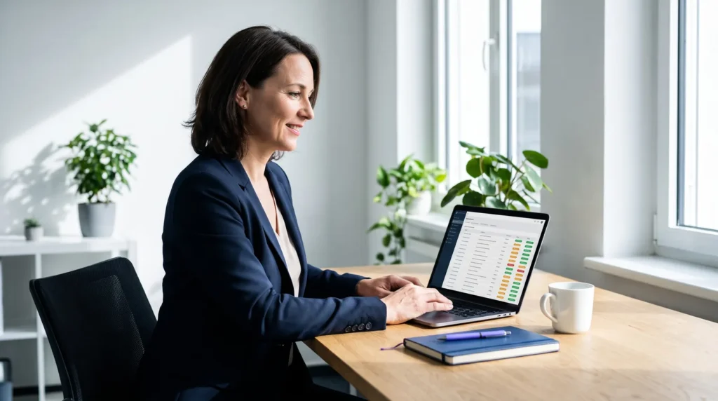 Geschäftsführerin vergleicht SolonOS-Preise am Laptop